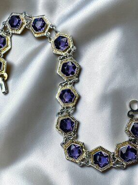 ANTIQUE- 10K White Gold -Art Deco -Hexagonal Amethyst Bracelet - 7" -7.5g ca1920